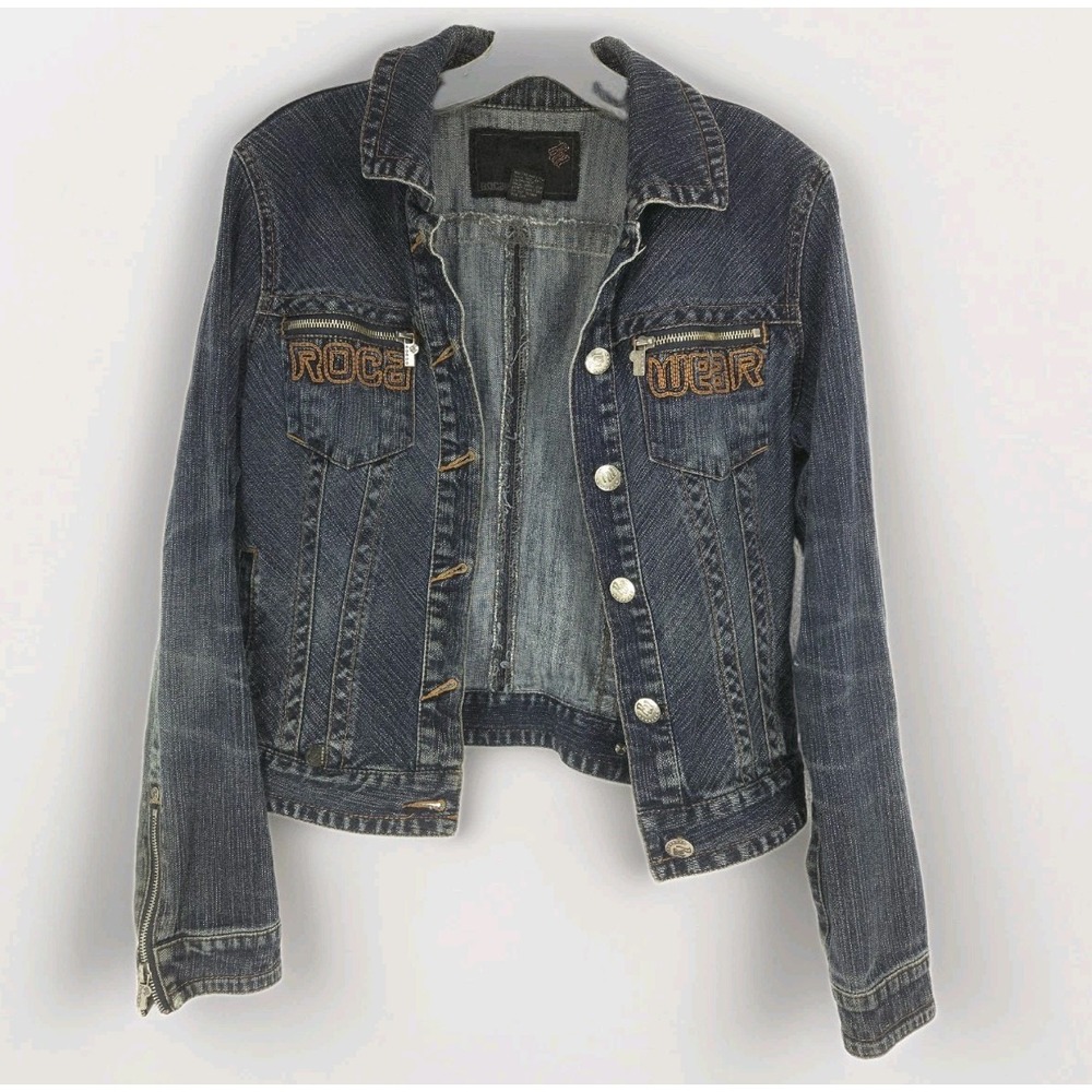 Roca Wear Y2K Dark Washed Distressed Denim Jacket Slim Fit Size Women's Medium